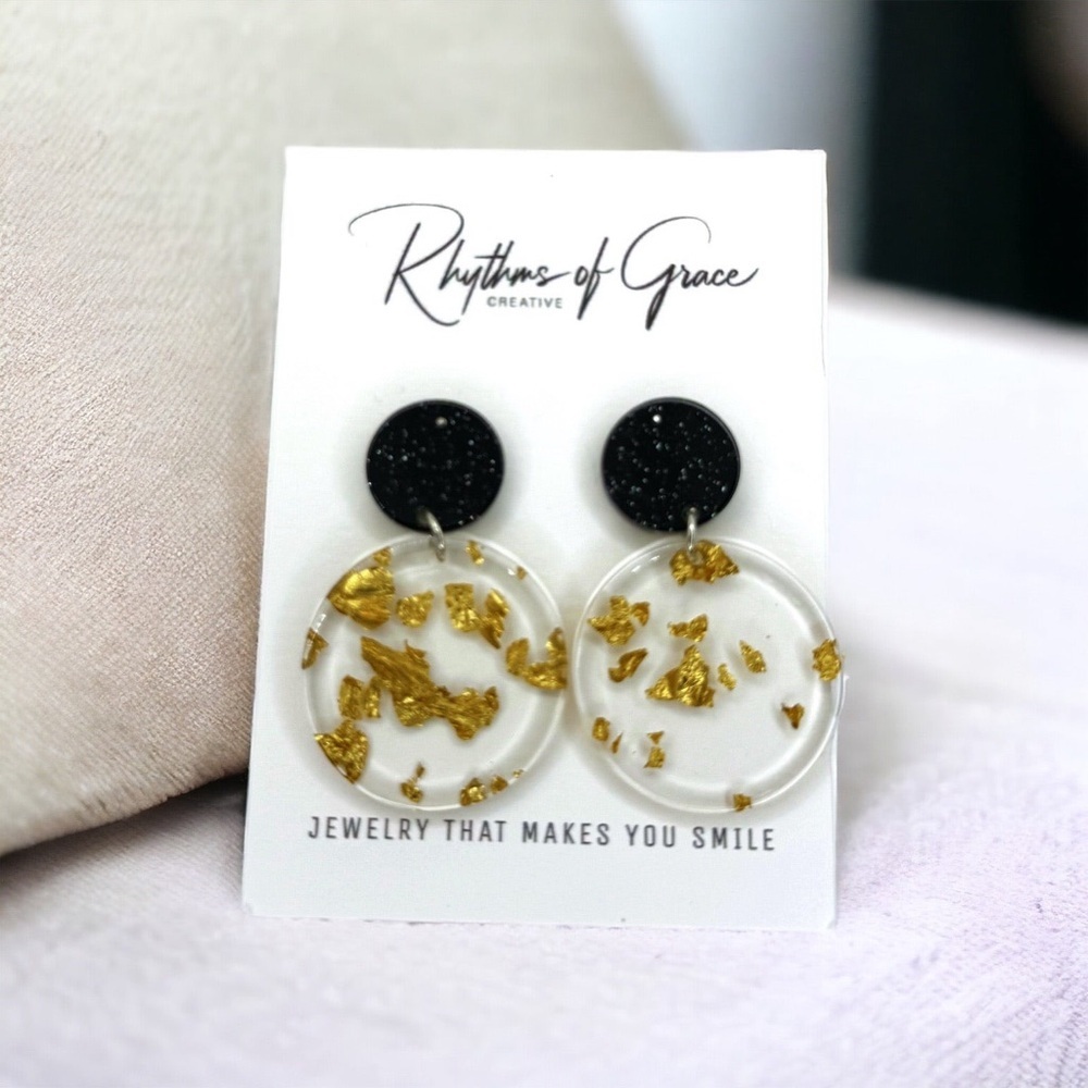 Chic Gold & Black Acrylic Earrings with Gold Leaf Flecks | NWT Elegance! - Picture 6 of 6